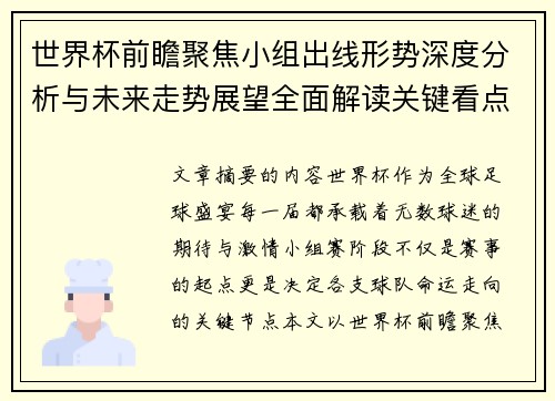 世界杯前瞻聚焦小组出线形势深度分析与未来走势展望全面解读关键看点