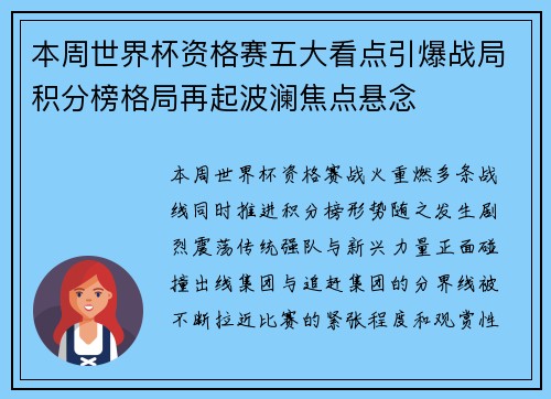 本周世界杯资格赛五大看点引爆战局积分榜格局再起波澜焦点悬念