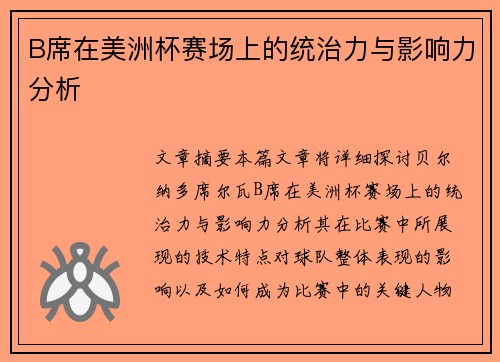 B席在美洲杯赛场上的统治力与影响力分析
