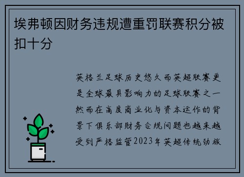 埃弗顿因财务违规遭重罚联赛积分被扣十分 埃弗顿因财务违规遭重罚联赛积分被扣十分